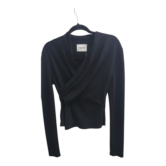 Nanushka Black Ruched Asymmetrical Wrap Top Size 10 Black (Runs Small 8) - Picture 2 of 9